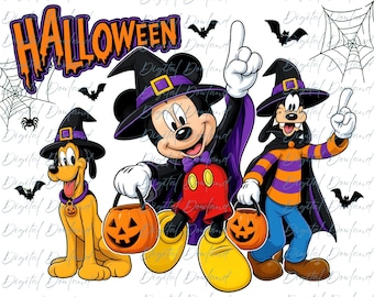 Mickey Mouse Halloween PNG, Disney Halloween Clipart, Witch Hats and Flying Bats, Mickey Mouse Trick or Treat, Orange Purple Sublimation