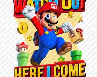 Super Mario Prima Elementare PNG, Attenzione, arrivo per DTF e Sublimazione, Clipart del personaggio idraulico d'azione, Arte scolastica per bambini giocatori
