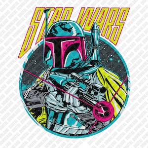 Puede incluir: Un gráfico digital de Boba Fett de Star Wars. La imagen muestra a Boba Fett con su casco y armadura, sosteniendo un blaster. Las palabras "STAR WARS" se muestran en una fuente amarilla y rosa encima del personaje.