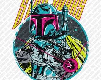 Boba Fett Star Wars PNG, Retro Neon 80s Bounty Hunter Sublimation, Galactic Synthwave Art Digital Download, DTF Shirt Design