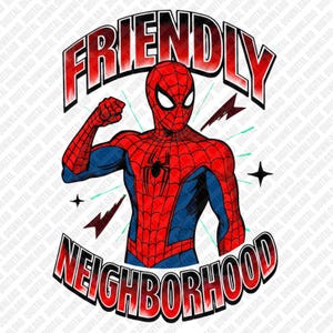 Può includere: Illustrazione grafica di Spider-Man in un costume rosso e blu, che flette il braccio. Le parole "FRIENDLY NEIGHBORHOOD" sono in un font rosso stilizzato, che circonda il personaggio. Fulmini e stelle accentuano il design.
