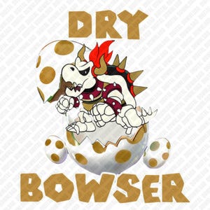 Puede incluir: Ilustración digital de Dry Bowser saliendo de un huevo roto. El personaje es blanco con detalles rojos y negros, y el huevo es blanco con lunares dorados. Las palabras "DRY" y "BOWSER" están presentes.