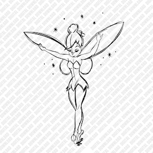 May include: A black and white line drawing of a fairy with outstretched arms and large wings. The fairy is wearing a short dress and ballet flats. Several small stars are scattered around the fairy.