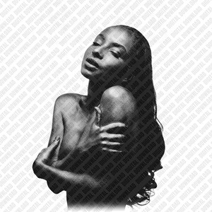May include: A monochrome artistic portrait of a person with long hair, embracing themselves. The image has a high contrast, emphasising the subject's features and form. The background is filled with a repeating pattern of the words "DIGITAL DOWNLOAD".