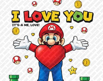 Mario Jag älskar dig PNG Super Mario Valentine Sublimering Rött Hjärta Mynt Stjärnor DTF Transfer Digital Nedladdning Konst Karaktär Klistermärke Grafik
