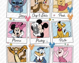 Personaggio retrò Polaroid PNG, collage vintage per scrapbooking a sublimazione, viaggio con gli amici nel Regno Magico 2026, Winnie the Pooh, Stitch e Topolino, download digitale