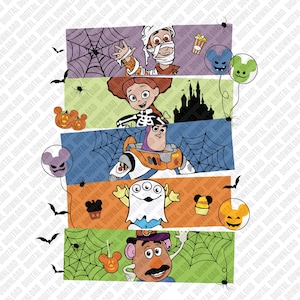 Puede incluir: Una descarga digital colorida con temática de Halloween que presenta personajes de Toy Story y otras películas de Disney. El diseño incluye una momia, un esqueleto, Buzz Lightyear y otros personajes, con telarañas, murciélagos y calabazas.