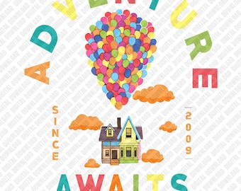 La aventura te espera PNG, Sublimación de Paradise Falls, Transferencia DTF de globos de Up House, Viajes desde 2009 Descarga digital