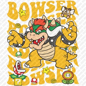 Puede incluir: Ilustración de dibujos animados de Bowser de la serie de videojuegos Super Mario. Bowser se representa en una pose dinámica con una expresión feroz, rodeado de elementos icónicos del juego como monedas, estrellas y una planta Piraña. La palabra "BOWSER" está escrita en amarillo.