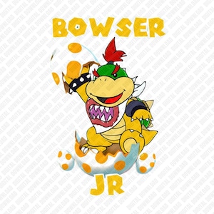 Puede incluir: Gráfico digital de Bowser Jr. saliendo de un huevo. El texto "BOWSER" está encima del personaje y "JR" debajo. La imagen es de color amarillo brillante, naranja, verde y blanco.