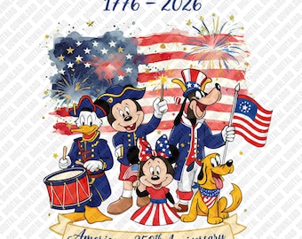 Amerikas 250-årsjubileum PNG 1776-2026 USA:s självständighet Mickey Minnie Donald Goofy Pluto sublimering DTF överföring digital nedladdningsbar konst