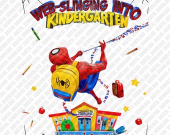 Spiderman che si lancia con le ragnatele all'asilo PNG, design supereroe per il ritorno a scuola, download digitale per diplomati dell'asilo, sublimazione DTF di Spiderman
