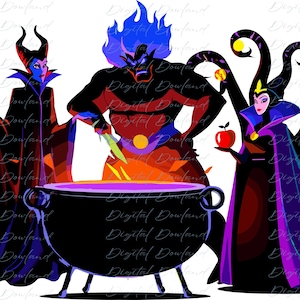 May include: A digital illustration featuring three stylized villainous characters gathered around a large black cauldron. One figure holds a flaming staff, another has blue hair and a knife, and the third holds a red apple with dark tentacles.