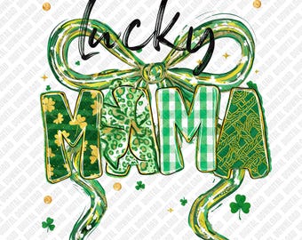 Lucky Mama PNG St Patrick's Day Clover Mother's Day Gift Sublimation DTF Transfer Digital Download Green Gingham Bow Graphic Design