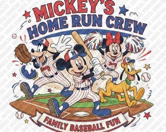 Mickey Home Run Crew PNG Baseball Mickey Minnie Goofy Pluto Sublimering Familj Baseball Kul DTF Transfer Digital Nedladdning Konstkaraktär