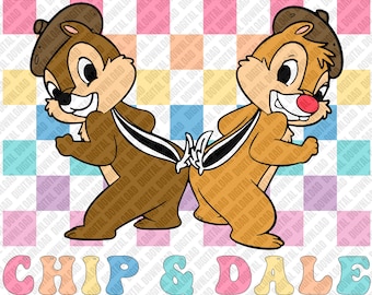 Chip and Dale Retro Checkered PNG, Classic Chipmunk Duo Sublimation, Colorful Pastel Aesthetic Digital Download, 90s Style DTF Shirt Art