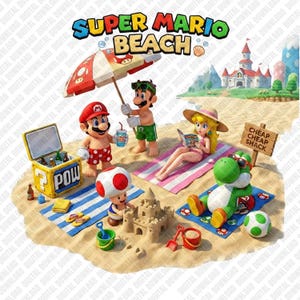 May include: A digital illustration titled Super Mario Beach featuring Mario, Luigi, Princess Peach, Toad, and Yoshi on a sandy beach. Characters are relaxing with a yellow question block cooler, a sandcastle, beach towels, and a wooden sign.