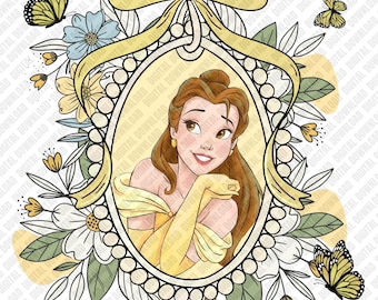 Bella PNG, Marco floral de princesa para sublimación, Transferencia DTF de La Bella y la Bestia, Arte digital descargable con vestido amarillo