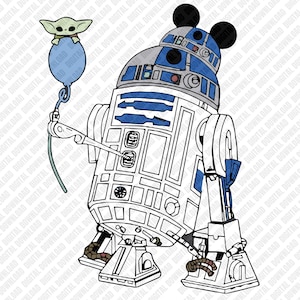 Może przedstawiać: Czarno-biała ilustracja R2-D2 z uszami Myszki Miki i niebiesko-białą kolorystyką. R2-D2 trzyma niebieski balon z Grogu, znanym r&oacute;wnież jako Baby Yoda. Obraz jest projektem cyfrowym.