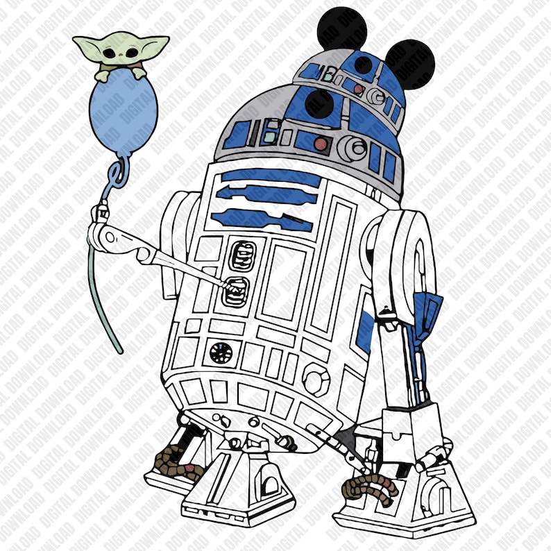 Może przedstawiać: Czarno-biała ilustracja R2-D2 z uszami Myszki Miki i niebiesko-białą kolorystyką. R2-D2 trzyma niebieski balon z Grogu, znanym r&oacute;wnież jako Baby Yoda. Obraz jest projektem cyfrowym.