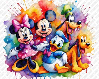 Musse Mimmi Donald Långben Pluto PNG Akvarell Splash Sublimering Disney Squad DTF Transfer Digital Download Art Character Sticker Graphic