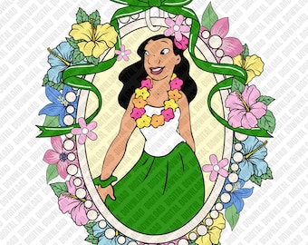 Lilo Tropical Floral PNG, Hibiscus Flower Frame Sublimation, Hawaiian Island Luau Digital Download, Retro Hula Girl DTF Shirt Art