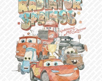 Kylarfjädrar PNG Lightning McQueen och vänner skjortdesign, Retro Racing Movie Squad Clipart, digital nedladdning för DTF-överföringar