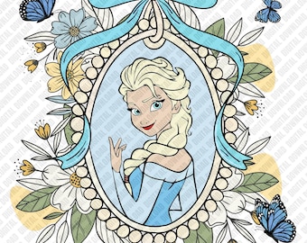 Elsa PNG, Marco floral de la reina de Frozen para sublimación, Transferencia DTF retro de Elsa, Arte digital de descarga mágica de invierno