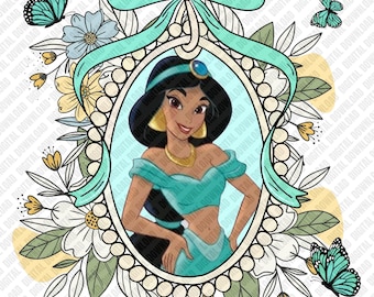 Jazmín PNG, marco floral de princesa para sublimación, transferencia DTF retro de jazmín, arte digital descargable con atuendo turquesa