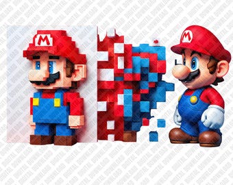 Download digital PNG da evolução de Mario, encanador em 8 bits pixelado vs. 3D para impressão DTF e sublimação, clipart de jogos retrô, arte da história dos videogames.