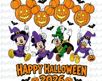 Mickey Mouse Halloween 2026 PNG, Disney Halloween PNG, Mickey Mouse Witch Hat Sublimation, Purple Green Pumpkin Balloon Bats Graphic