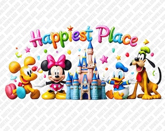 Happiest Place PNG 3D-stil Mickey Minnie Donald Goofy Castle sublimering DTF överföring digital nedladdning konst karaktär klistermärke grafisk konst