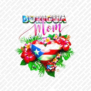 May include: A digital design featuring the text "Boricua Mom" in vibrant colors. A heart-shaped design with the Puerto Rican flag is surrounded by red hibiscus flowers, tropical leaves, and a small frog.
