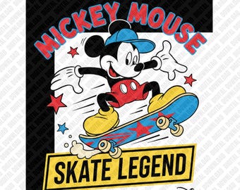 Musse Pigg Skate Legend PNG Skateboard Mickey Sublimering Retro Stjärnor DTF Transfer Digital Nedladdning Konst Karaktär Klistermärke Grafik