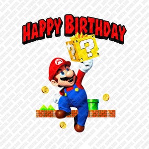 Super Mario Happy Birthday PNG, Game Question Mark Mystery Box Art, Gold Coins Brick Level Green Pipe Graphic Download DTF Sublimation