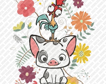 Pua and Hei Hei PNG, Moana Pig and Rooster Floral Sublimation, Retro Cartoon DTF Transfer, Tropical Flower Digital Download Art