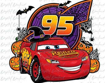 Lightning McQueen Halloween 95 PNG, Witch Hat Red Purple Car, Spooky Spider Web Cars, Disney Halloween PNG, McQueen Halloween Shirt