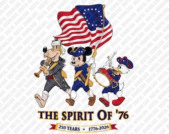 Spirit of 76 PNG Amerikas 250-årsjubileum Mickey Donald Goofy Patriotiska USA Flagga Sublimering DTF Transfer Digital Nedladdningsbar Karaktär