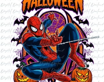 Spider-Man Halloween PNG, Orange Purple Web Sublimation, Jack Lantern Spooky Design, Marvel Superhero Halloween Tee, Spiderman Halloween