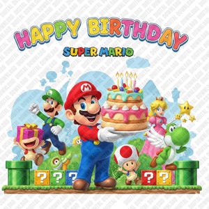 Könnte beinhalten: Bunte digitale Illustration mit Super Mario-Charakteren. Mario hält eine Geburtstagstorte mit Kerzen. Der Text "Happy Birthday Super Mario" steht über den Charakteren, mit Fragezeichenblöcken und grünen Rohren.