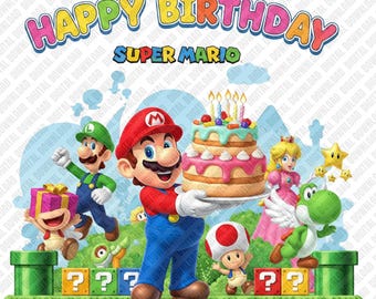 Grattis på födelsedagen Super Mario PNG Mario Luigi Princess Peach Yoshi Padda sublimeringstårta DTF överföring digital nedladdning konst karaktär klistermärke