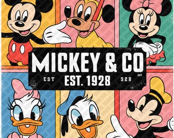 Mickey and Co PNG, Vintage Character Panel Sublimation, Retro Est 1928 Mickey Minnie Donald Daisy Digital Download, DTF Family Shirt Art
