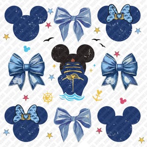 May include: A collection of navy blue Mickey Mouse head silhouettes, bows, and a cruise ship illustration. The designs are accented with stars, birds, and nautical elements, creating a whimsical theme.