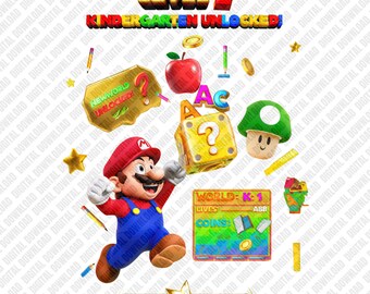 Livello 1 Asilo nido sbloccato PNG, download digitale di Mario Super Studente, sublimazione per il ritorno a scuola, maglietta scolastica per bambini PNG, clipart per giocatori