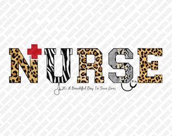 Sjuksköterska PNG Leopard Cheetah Print Zebra Skin Pattern Medicinsk Professionell Hälso- och Sjukvårdshjälte Sublimering DTF Transfer Digital Download Art