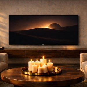 Puede incluir: Un salón con un televisor grande que muestra un paisaje de puesta de sol. Una mesa de centro redonda de madera con una bandeja de velas encendidas. Dos sofás beige con cojines flanquean la mesa. La habitación tiene iluminación cálida.