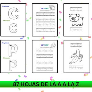Puede incluir: Hojas de trabajo educativas para aprender el alfabeto. Presentan letras mayúsculas y minúsculas, ejercicios de trazo e ilustraciones de objetos como un cerdo y un plátano. El texto "87 HOJAS DE LA A A LA Z" es visible.