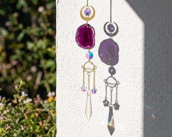 Zon en maan kristal suncatcher, kristal hangend decor, zon maan muur decor, kristallen suncatcher hangend, celestial home decor, cadeau voor haar