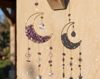 Maankristal Suncatcher hangend decor, wanddecoratie, woondecoratie, amethist maanprisma windgong, regenboog raam hangende zonnevanger voor thuis