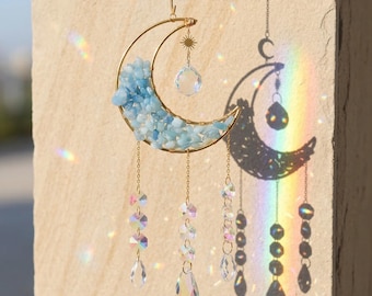 Maankristal Suncatcher hangend decor, wanddecoratie woondecoratie, kristallen suncatcher prisma, maan windgong decor, regenboog raam hangend cadeau
